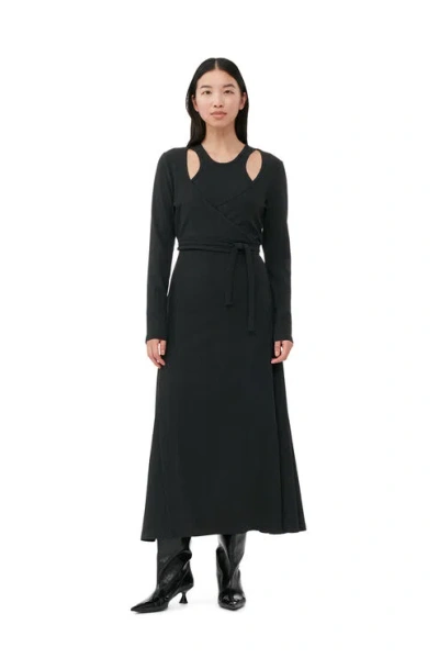 Ganni Long Sleeve Black Rib Jersey Wrap Maxi Dress In Grey