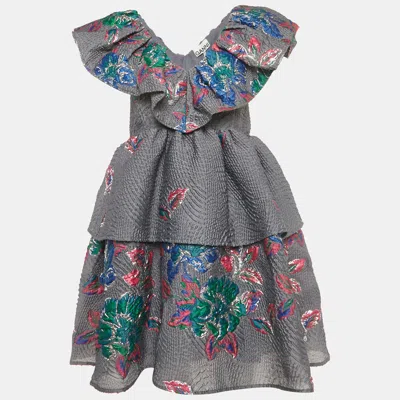 Pre-owned Ganni Grey Lurex Jacquard Tiered Mini Dress Xs In Gray