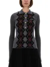 Ganni Grey Sweater With Classic Collar And Check Motif On The Front In Wool Woman In Gray