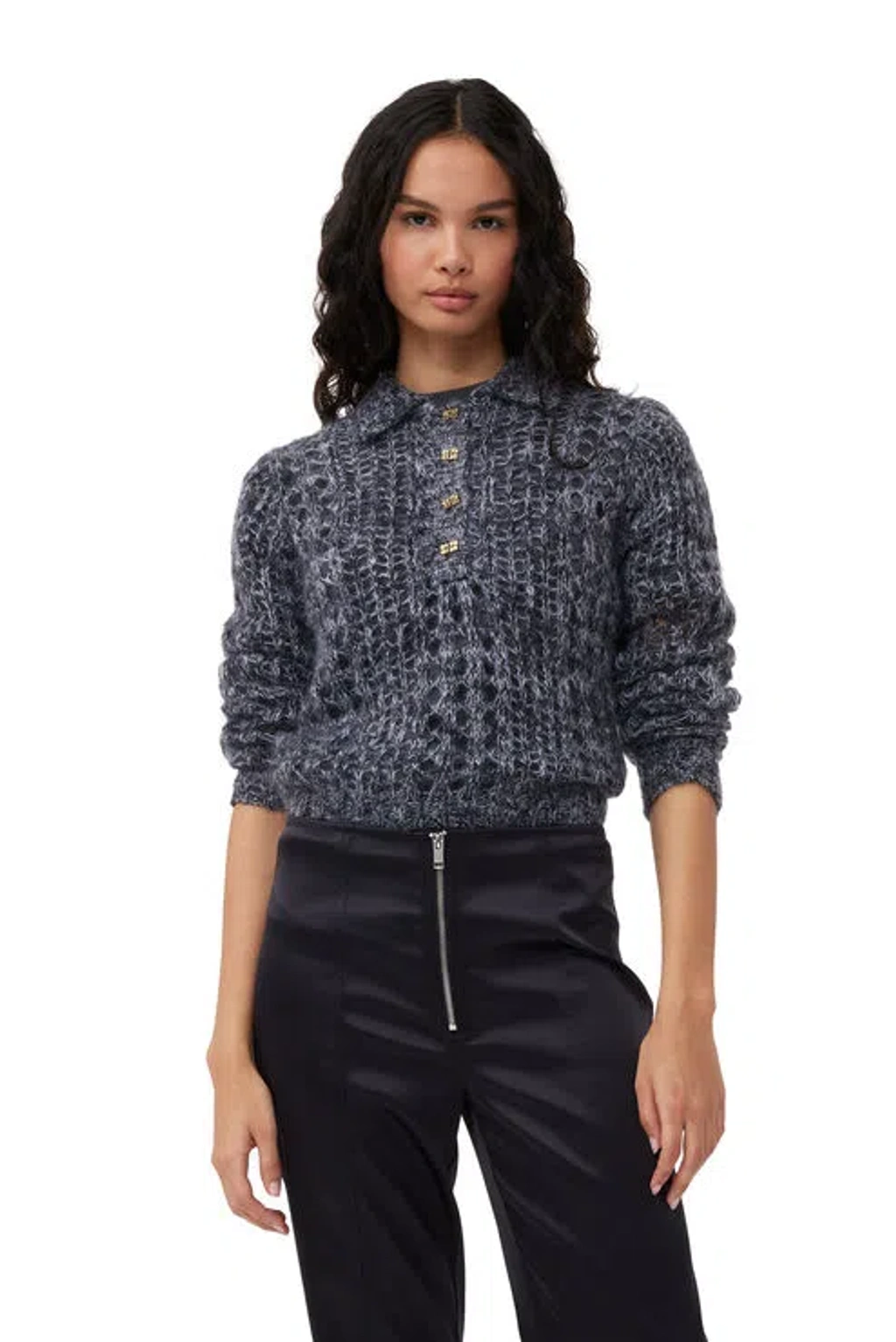 トップス ganni polo lace mohair knit Ganni Grey Mohair Lace Polo Sweater In Gray | ModeSens