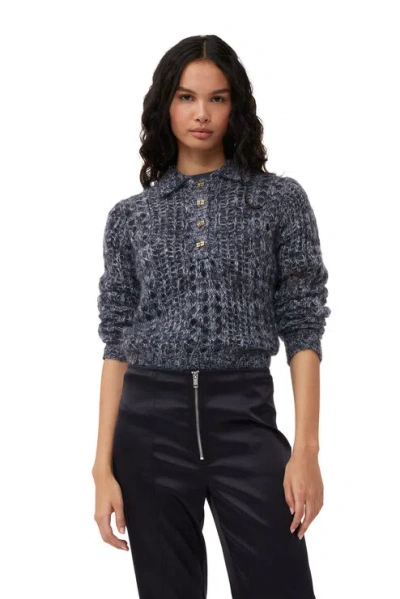 Ganni Grey Mohair Lace Polo Sweater In Gray | ModeSens