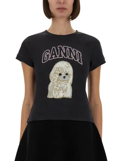 Ganni Grey Organic Cotton T-shirts In Black