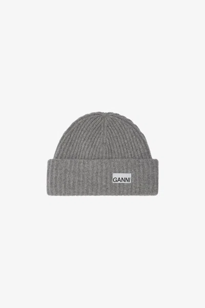 Ganni Grey Oversized Wool Rib Knit Beanie In Gray