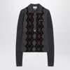 Ganni Grey Sweater With Classic Collar And Check Motif On The Front In Wool Woman In Gray