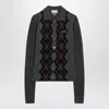 Ganni Grey Sweater With Classic Collar And Check Motif On The Front In Wool Woman In Gray