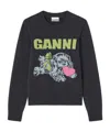 Ganni Playful Puppy Love Graphic Wool Blend Crewneck Sweater In Black