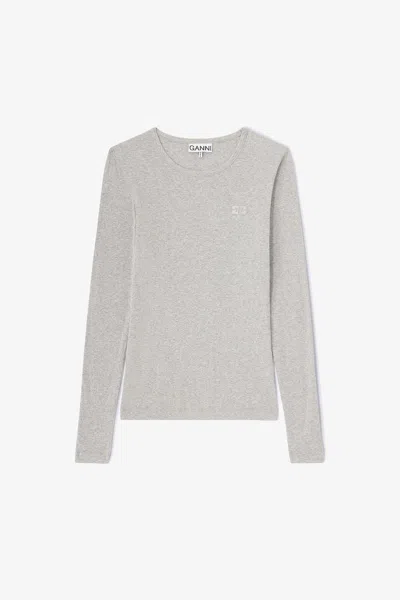 Ganni Grey Rib Long-sleeve Top - Size M Organic Cotton In Gray