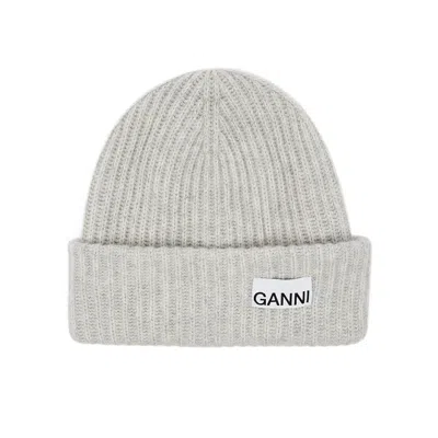 Ganni Grey Ribbed Wool-blend Beanie In Gray