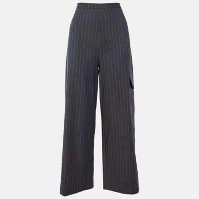 Ganni Grey Striped Crepe Trousers In Black