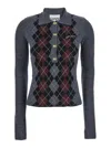 Ganni Grey Sweater With Classic Collar And Check Motif On The Front In Wool Woman In Gray