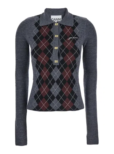 GANNI GREY SWEATER WITH CLASSIC COLLAR AND CHECK MOTIF ON THE FRONT