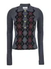 Ganni Grey Sweater With Classic Collar And Check Motif On The Front In Wool Woman In Gray
