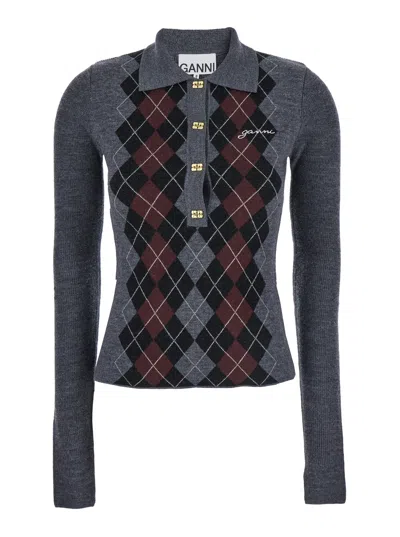 GANNI GANNI GREY SWEATER WITH CLASSIC COLLAR AND CHECK MOTIF ON THE FRONT IN WOOL WOMAN