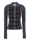 Ganni Grey Sweater With Classic Collar And Check Motif On The Front In Wool Woman In Gray