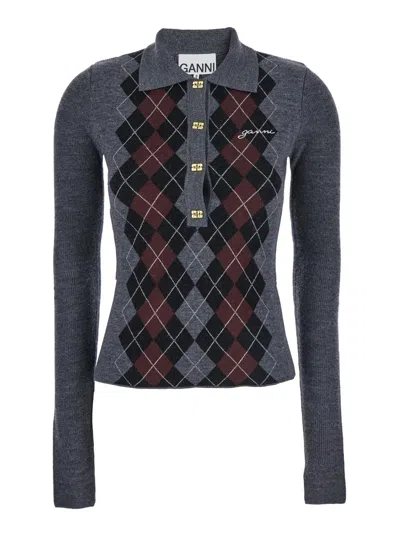 GANNI GREY SWEATER WITH CLASSIC COLLAR AND CHECK MOTIF ON THE FRONT IN WOOL WOMAN