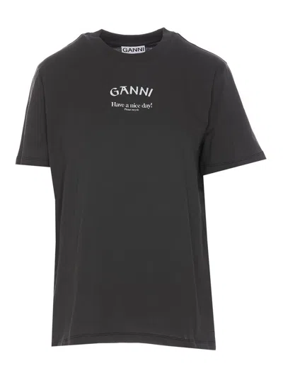 GANNI GREY T-SHIRT WITH LOGO