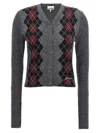 Ganni Grey Cropped Cardigan Wih V Neck And Checkmotif On The Front In Gray