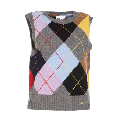 Ganni Grey Waistcoat With Check Motif And Logo Embroidery In Wool Blend Woman In Multicolor