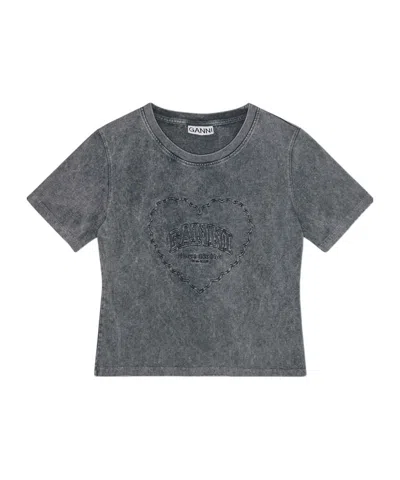 GANNI GANNI LOGO-EMBROIDERED CREWNECK T-SHIRT
