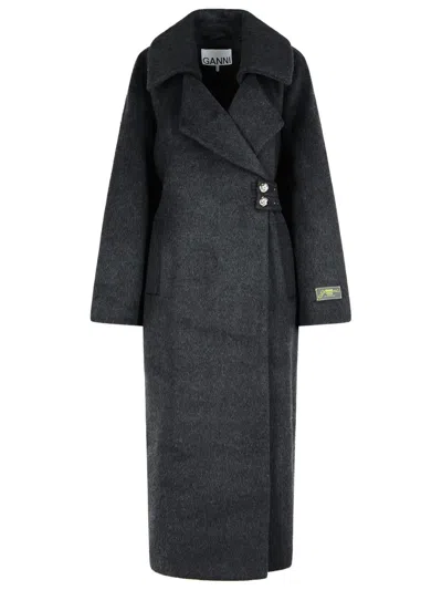 Ganni Grey Wool Blend Coat Women In Gray