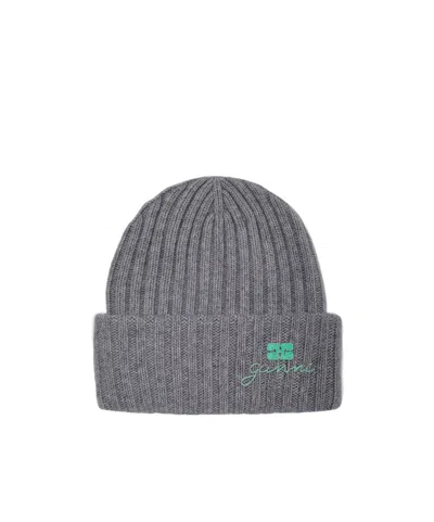 Ganni Grey Wool Knit Beanie In Gray