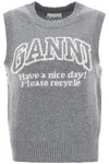 Ganni Knitted Vest With Logo In Frost Gray (grey)
