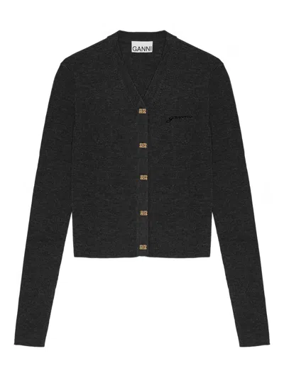 Ganni Grey Wool Merino Cardigan In Gray