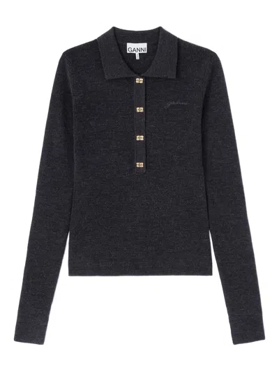 Ganni Logo Knit Polo Long Sleeve Sweater In Gray