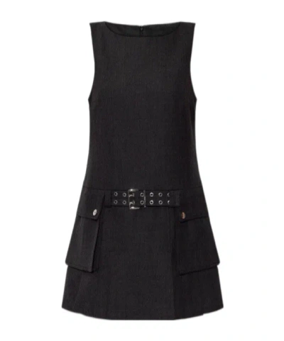 Ganni Grey Wool Mini Dress In Black
