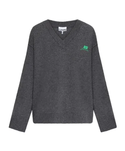 Ganni Grey Wool Mix V-neck Jumper In Black