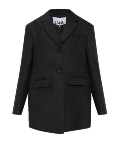 Ganni Grey Wool Suiting Blazer In Black
