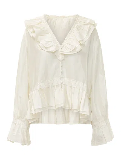 Ganni Habotai Frill Blouse In Egret