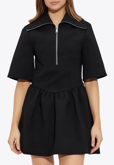 Ganni Mini Dress With Gathered Waist And Short Sleeves In Black