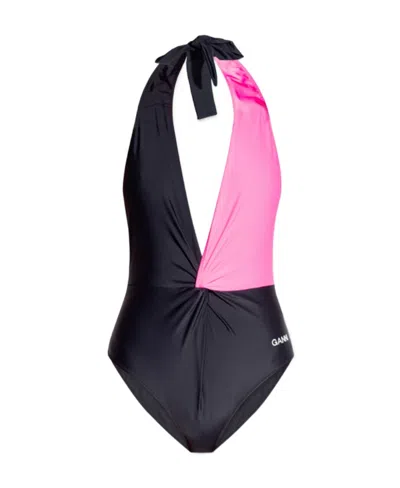 Ganni Halterneck Colour-block Swimsuit In Black
