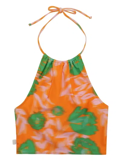 Ganni Halterneck Printed Bikini In Orange