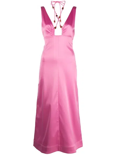 Ganni Double Satin Beaded Stretch Recycled-polyester Midi Dress In Pink
