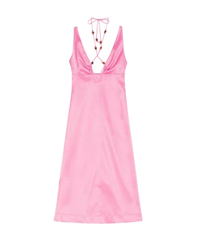 Ganni Double Satin Beaded Stretch Recycled-polyester Midi Dress In Pink