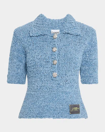 Ganni Hand-knit Denim Polo Top In Light Indigo