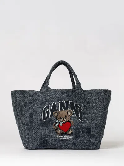 Ganni Denim Medium Bear Tote Bag In Organic Cotton Tweed In Pattern
