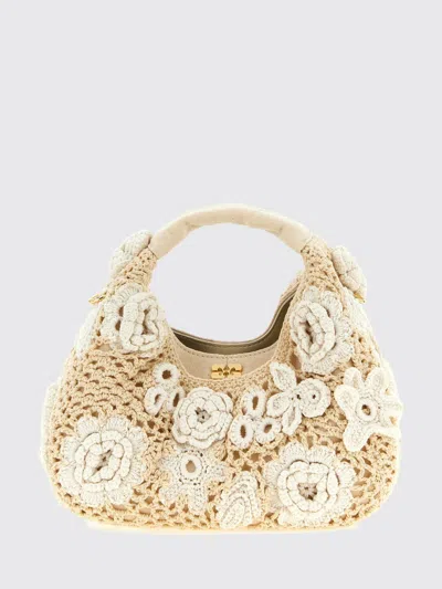 Ganni Floral Embroidered Crochet Handbag With Butterfly Logo In Organic Cotton In White