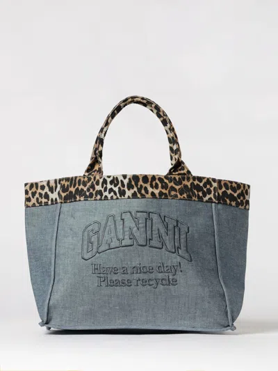 Ganni Cotton Denim Tote Bag With Animal Print Trims In Gray