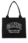 Ganni Black Canvas Shopping Bag In Black