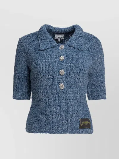Ganni Handknit Collared Polo In Denim In Blue
