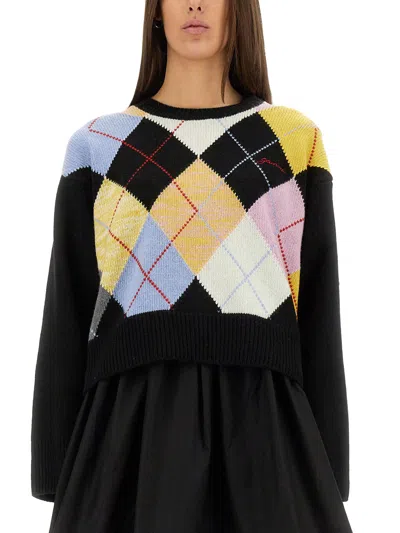 Ganni Harlequin Oversize Wool Blend Sweater In Black