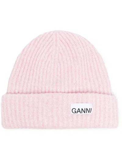 Ganni Logo Wool Beanie In Pink