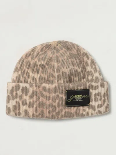 Ganni Womens Leopard Graphic Print Wool Blend Beanie In Brown