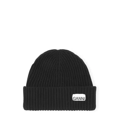 Ganni Oversized Wool Rib Knit Beanie In Black