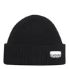 Ganni Womens Black Logo-patch Wool-blend Beanie Hat In Black
