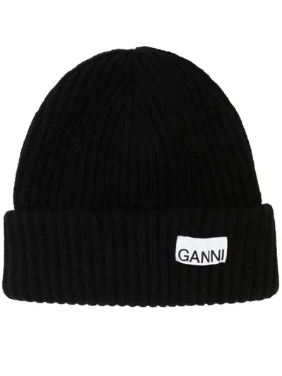 GANNI GANNI BLACK BEANIE WITH LOGO
