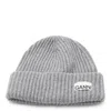 Ganni Ribbed Wool Logo Beanie In Gray